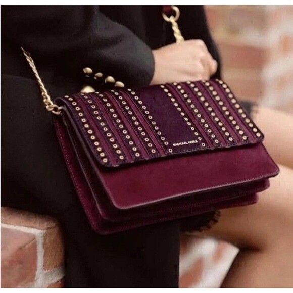Michael Kors Brooklyn Large Grommet Maroon Suede And Leather Crossbody bag/wRARE